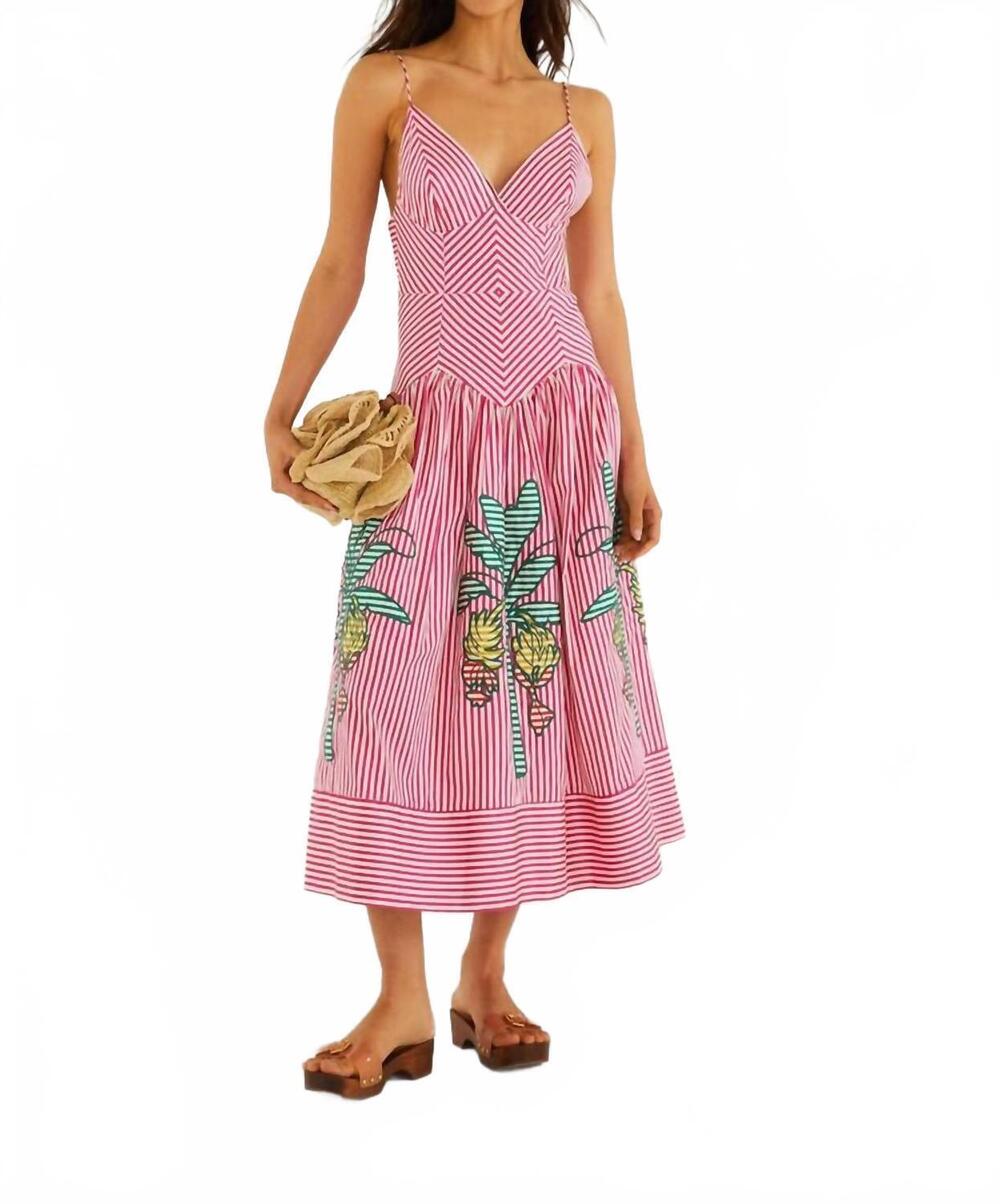 NEW FARM RIO palm tree cutwork stripes sleeveless midi dress in multi